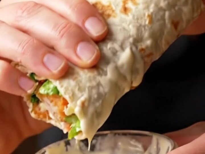 Golden toasted chicken Caesar wrap sliced diagonally, showing layers of crispy chicken, romaine, and parmesan.