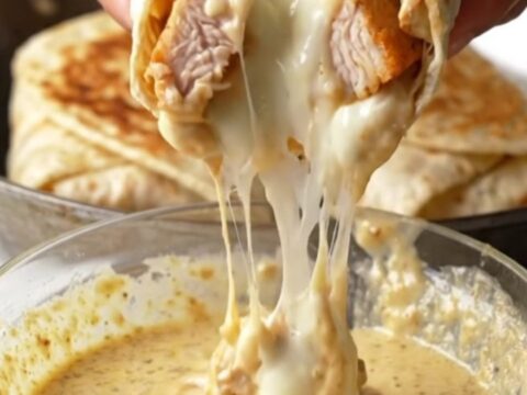 Crispy chicken alfredo wrap cut in half, showing creamy garlic parmesan sauce and melted mozzarella.
