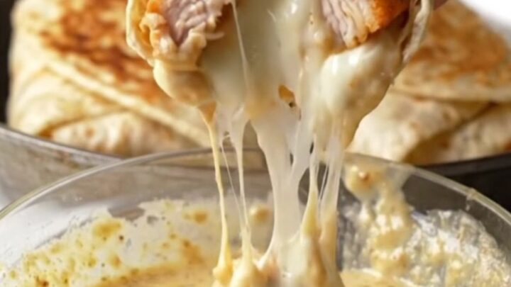 Crispy chicken alfredo wrap cut in half, showing creamy garlic parmesan sauce and melted mozzarella.