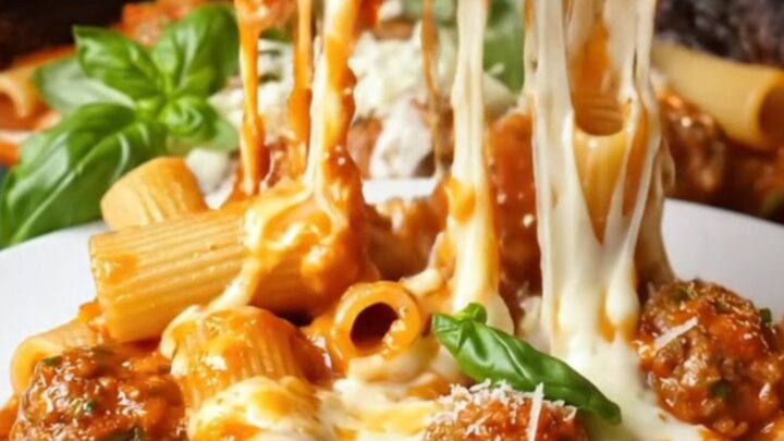 One-pan baked rigatoni with garlic meatballs and bubbling mozzarella in a skillet, topped with fresh basil