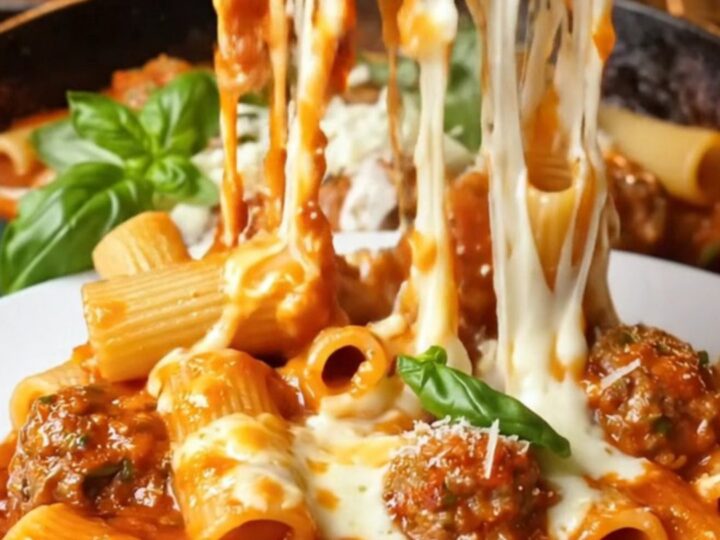 One-pan baked rigatoni with garlic meatballs and bubbling mozzarella in a skillet, topped with fresh basil