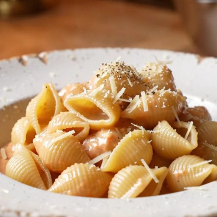 A spoon lifting a portion of creamy tomato feta shell pasta with melted cheese and basil.