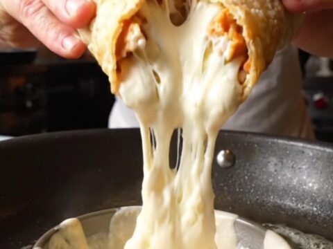 Crispy golden chicken Alfredo wrap cut in half with creamy sauce oozing out