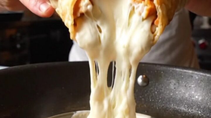 Crispy golden chicken Alfredo wrap cut in half with creamy sauce oozing out