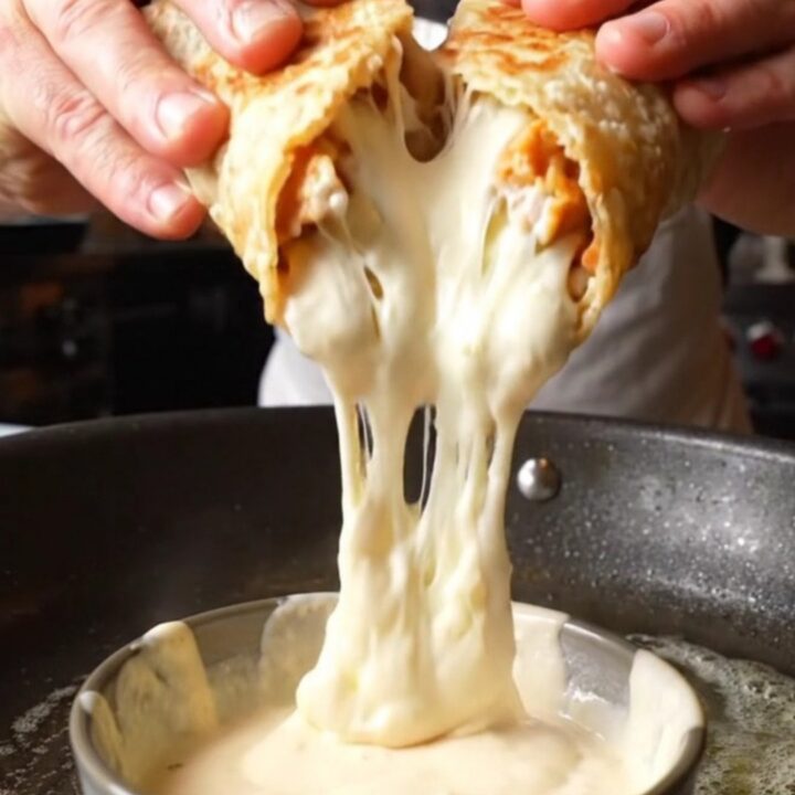 Crispy golden chicken Alfredo wrap cut in half with creamy sauce oozing out