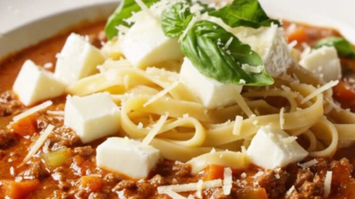 Twirled tagliatelle in rich beef ragù with melted cheese and basil