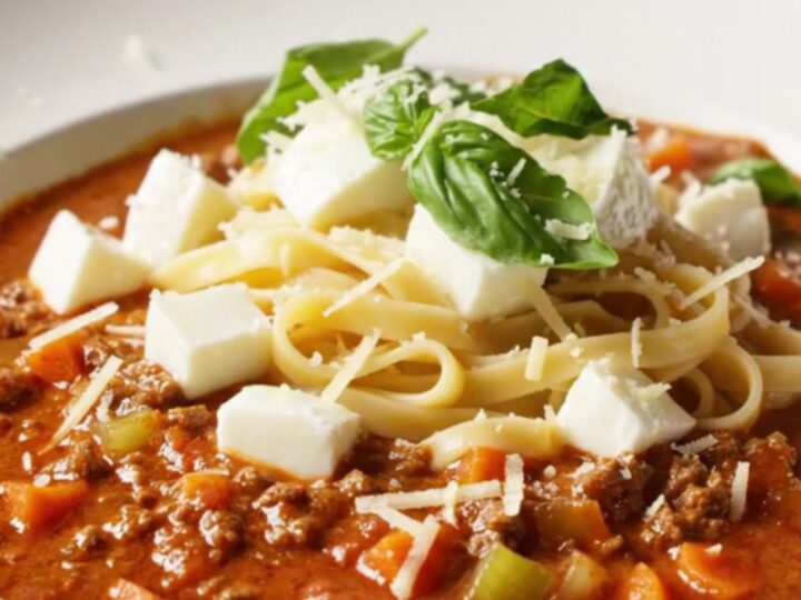 Twirled tagliatelle in rich beef ragù with melted cheese and basil