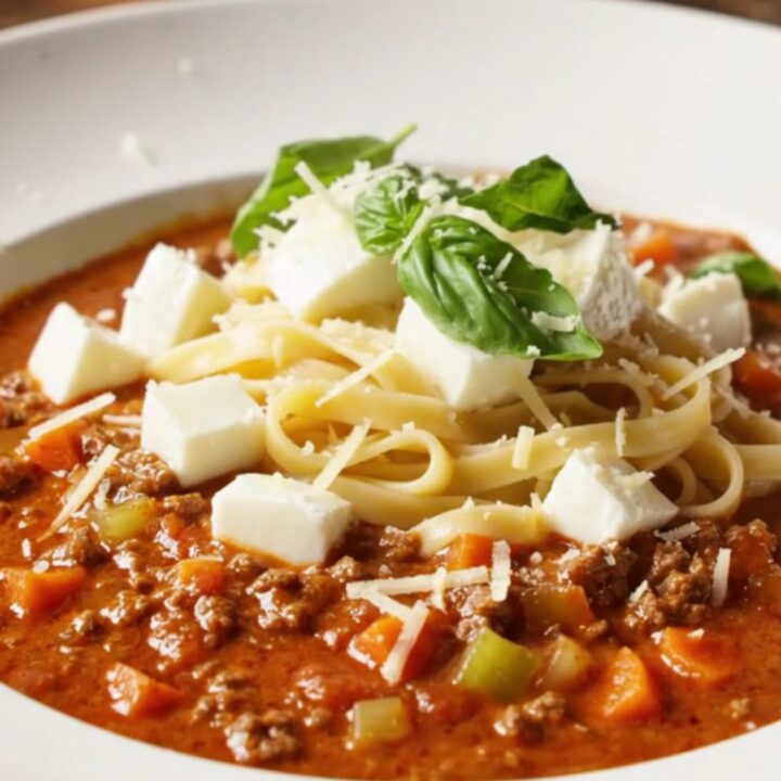 Twirled tagliatelle in rich beef ragù with melted cheese and basil
