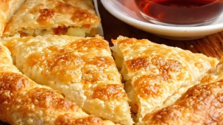 Golden blistered Turkish gözleme cut into triangles, showing creamy potato and melted cheese filling