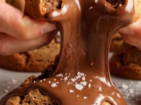 Two chocolate chunk cookies stacked, showing crispy edges and gooey melted chocolate centers