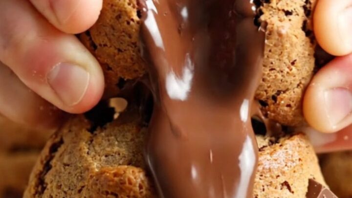 Giant cookie broken open showing molten chocolate center