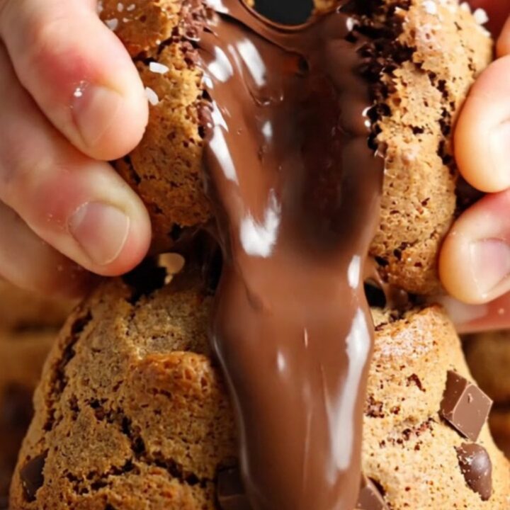 Giant cookie broken open showing molten chocolate center