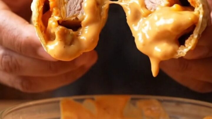Crispy chipotle chicken wrap sliced diagonally, showing gooey cheese and creamy sauce