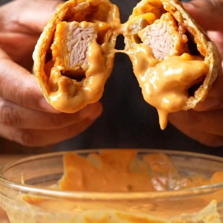 Crispy chipotle chicken wrap sliced diagonally, showing gooey cheese and creamy sauce