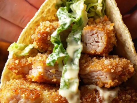Crispy panko chicken Caesar smash tacos with golden crust and fresh salad