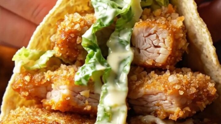 Crispy panko chicken Caesar smash tacos with golden crust and fresh salad