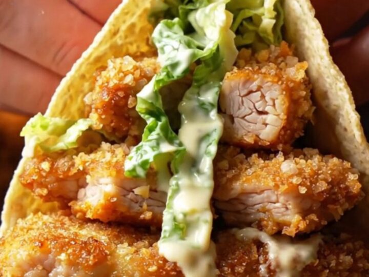 Crispy panko chicken Caesar smash tacos with golden crust and fresh salad