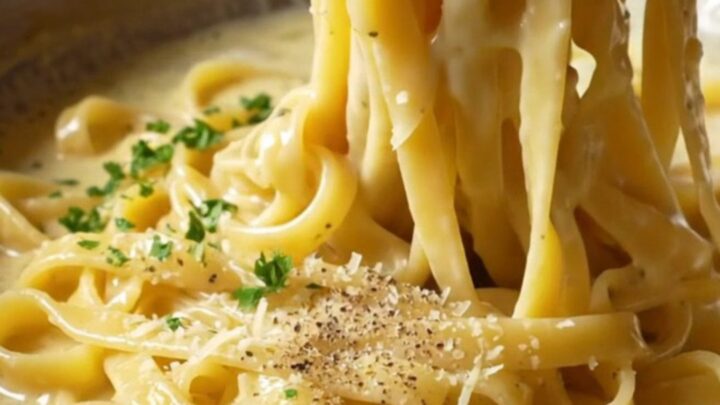 Twirled fettuccine Alfredo on a fork, coated in creamy parmesan sauce with parsley.