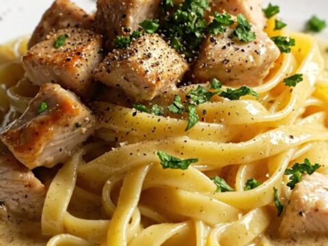 Creamy garlic parmesan chicken pasta with fettuccine, golden chicken cubes, and parsley in a white skillet