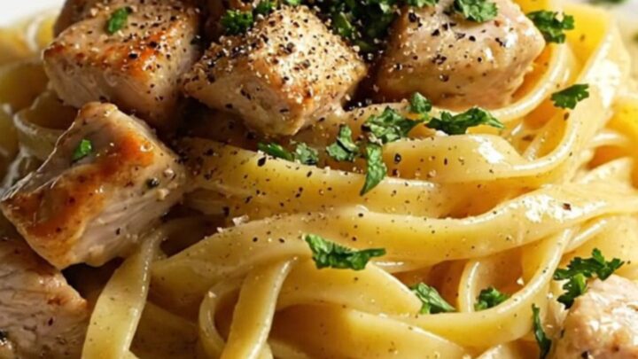 Creamy garlic parmesan chicken pasta with fettuccine, golden chicken cubes, and parsley in a white skillet