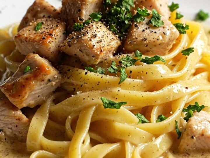 Creamy garlic parmesan chicken pasta with fettuccine, golden chicken cubes, and parsley in a white skillet