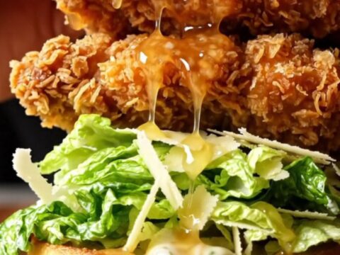 Hot honey crispy chicken Caesar sandwich on a wooden board, with honey dripping and a crunchy bite taken.