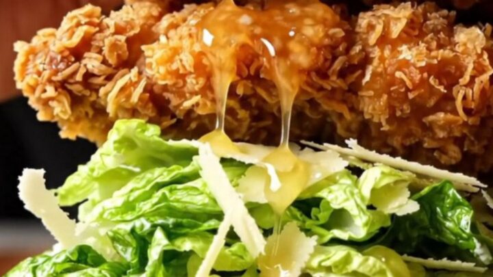 Hot honey crispy chicken Caesar sandwich on a wooden board, with honey dripping and a crunchy bite taken.