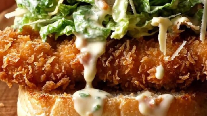 Crispy chicken Caesar sandwich on buttered brioche, with golden panko crust and creamy romaine slaw.