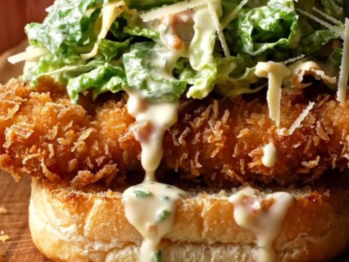 Crispy chicken Caesar sandwich on buttered brioche, with golden panko crust and creamy romaine slaw.