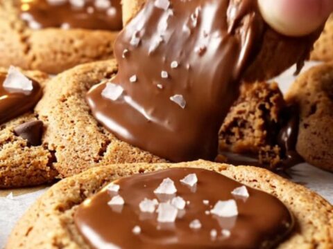 A stack of two-chip chocolate chip cookies with crispy edges and gooey centers, sprinkled with flaky sea salt.
