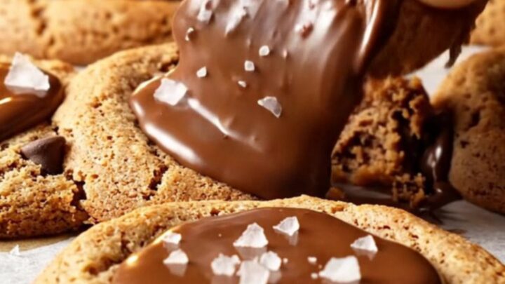 A stack of two-chip chocolate chip cookies with crispy edges and gooey centers, sprinkled with flaky sea salt.