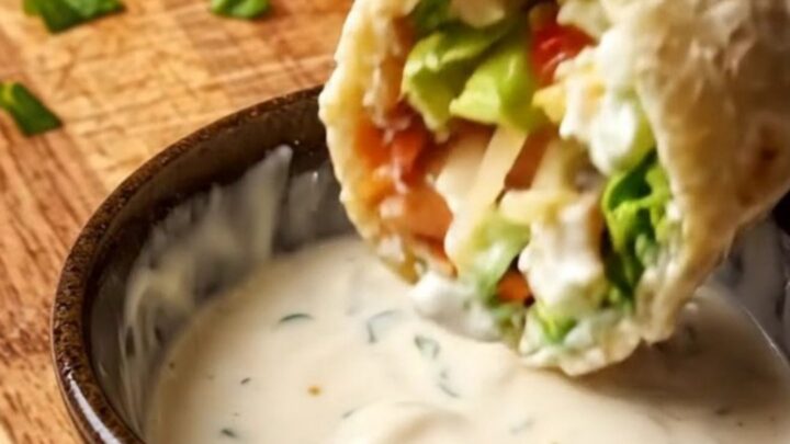 Golden toasted chicken Caesar wrap cut in half, showing crispy chicken and romaine filling