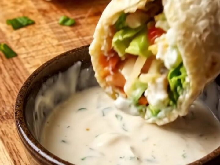 Golden toasted chicken Caesar wrap cut in half, showing crispy chicken and romaine filling