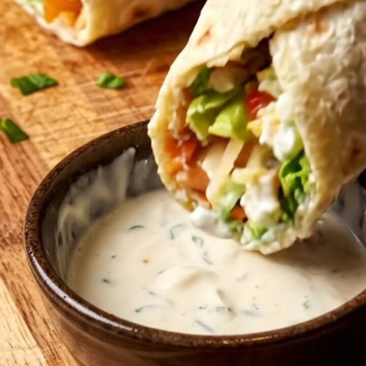 Golden toasted chicken Caesar wrap cut in half, showing crispy chicken and romaine filling