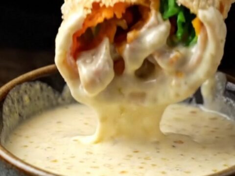 Crispy chicken shawarma wrap cut in half, showing layers of spiced chicken, fries, and pickles, with garlic sauce on the side