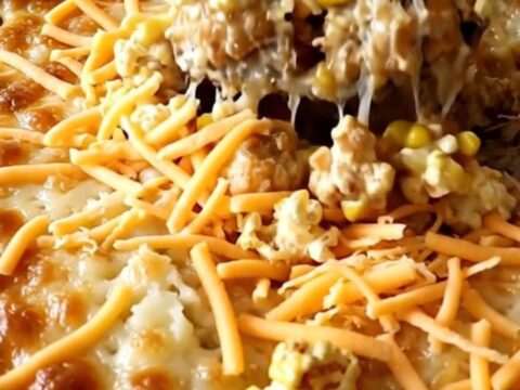 Golden chicken mashed potato bowl casserole in a white baking dish with bubbling melted cheddar edges on a granite counter