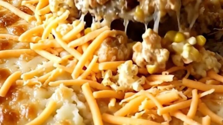 Golden chicken mashed potato bowl casserole in a white baking dish with bubbling melted cheddar edges on a granite counter