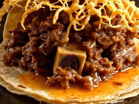 Charred corn vampiro taco with crispy cheese crust piled with glossy braised oxtail and habanero-pickled onions