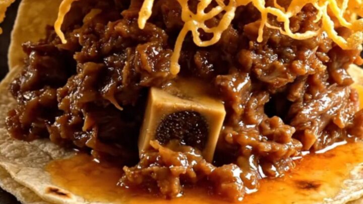 Charred corn vampiro taco with crispy cheese crust piled with glossy braised oxtail and habanero-pickled onions