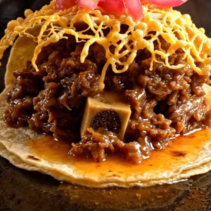Charred corn vampiro taco with crispy cheese crust piled with glossy braised oxtail and habanero-pickled onions