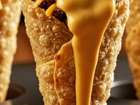 A crispy golden tortilla cone overflowing with seasoned ground beef