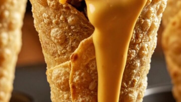 A crispy golden tortilla cone overflowing with seasoned ground beef