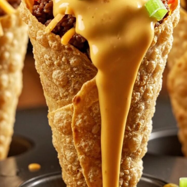A crispy golden tortilla cone overflowing with seasoned ground beef