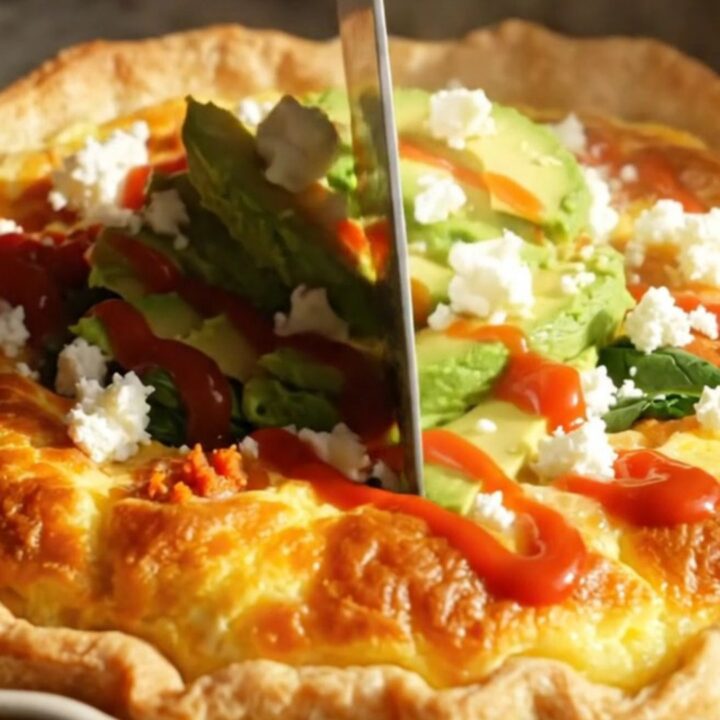 A golden puffed tortilla-crust quiche topped with avocado slices, cotija, and hot sauce in a ceramic baking dish