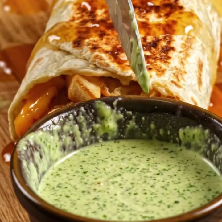 Honey butter chicken strip burrito cut in half, showing crinkle fries, melted Monterey Jack, and jalapeño ranch