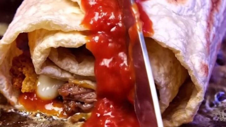 Crispy carne asada burrito cut in half showing molten nacho cheese and a vivid red crushed chip core