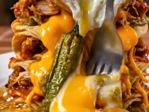 Cross-section of a four-layer stacked New Mexico green chile enchilada with melted cheddar cascading down the sides