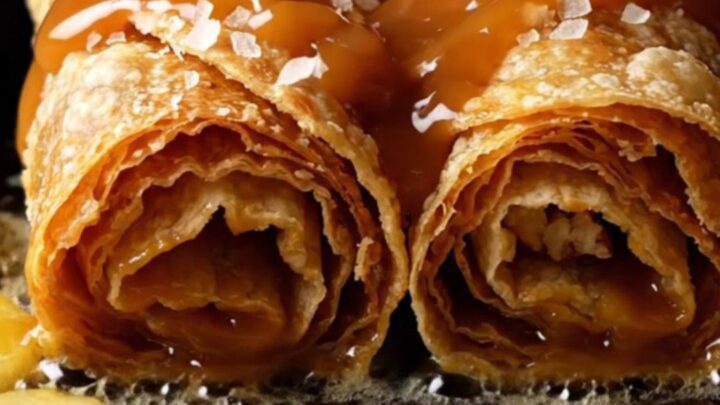 Crispy fried banana Foster roll-up halves oozing dulce de leche, caramelized bananas and pecans, drizzled with rum caramel