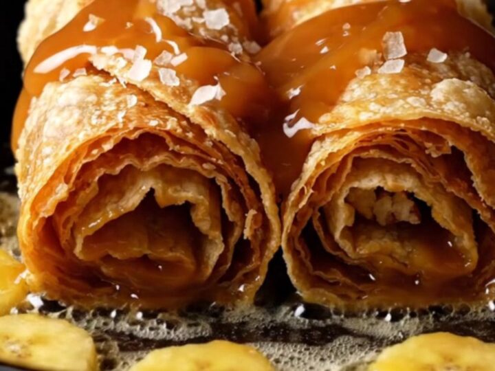 Crispy fried banana Foster roll-up halves oozing dulce de leche, caramelized bananas and pecans, drizzled with rum caramel