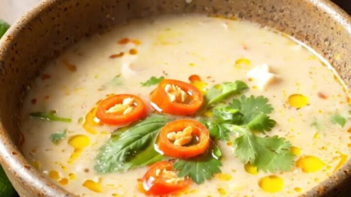 Slow cooker Thai coconut chicken soup in a ceramic bowl, creamy ivory broth with chicken slices, mushrooms